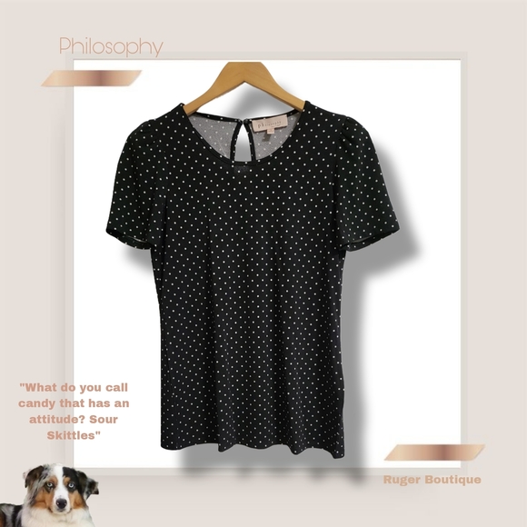 🌿Philosophy Women's Small Black & White Polka Dot Flared Shoulder Top - Picture 11 of 12